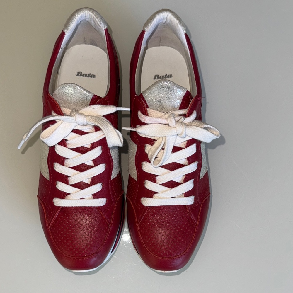Bata Women's Red and Silver leather Sneakers